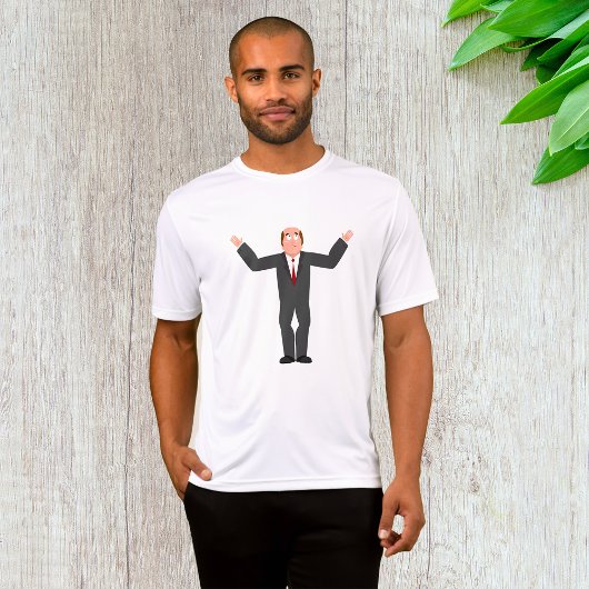 Grappige kale zakenman haalt humoristisch op t-shirt