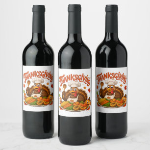 Grappige Kalkoen Chef Thanksgiving-diner Wijn Etiket