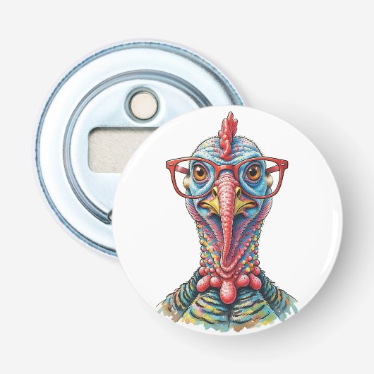 Grappige Kalkoen in Bril Cartoon Fun Button Flesopener (Voorkant)