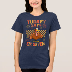 Grappige “Kalkoen Zegt Zes Zeven” Thanksgiving Mem Tri-Blend Shirt