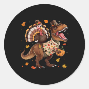Grappige kalkoenrijdende dinosaurus T Rex Thanksgi Ronde Sticker