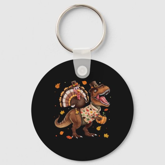 Grappige kalkoenrijdende dinosaurus T Rex Thanksgi Sleutelhanger (Voorkant)