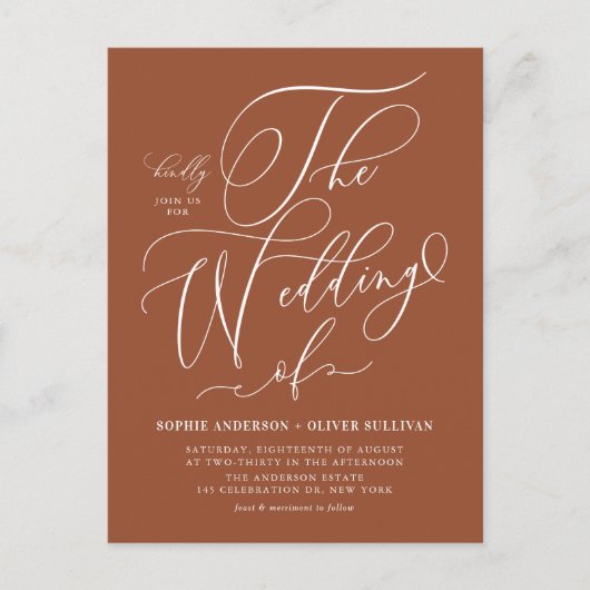 Grappige kalligrafie Terracotta bruiloft Uitnodiging Briefkaart (Voorkant)