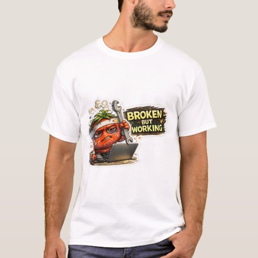 Grappige kapotte maar werkende retro PC computer n T-shirt (Voorkant)