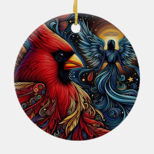 Grappige kardinaal en engel keramisch ornament (Achterkant)