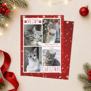 Grappige Kat 4 Foto Collage MEOWY KERSTFEEST Rood Feestdagenkaart