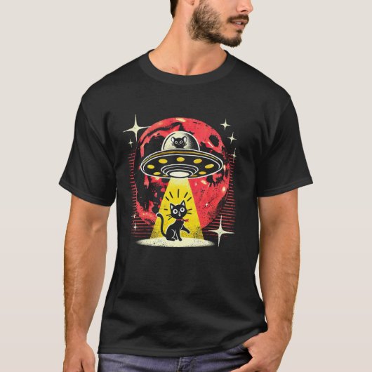 Grappige Kat Alien Ontvoering Retro UFO Ontmoeting T-shirt (Voorkant)