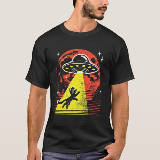 Grappige Kat Alien Ontvoering UFO Ontmoeting Sci-F T-shirt (Voorkant)