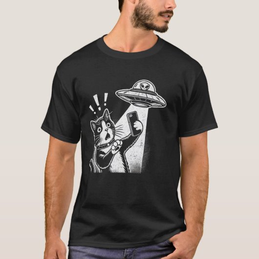 Grappige Kat Alien UFO Ontmoeting Sci-Fi Selfie T-shirt (Voorkant)