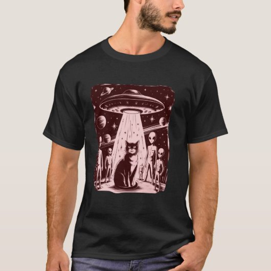 Grappige Kat Alien UFO Ontmoeting Sciencefiction T-shirt (Voorkant)