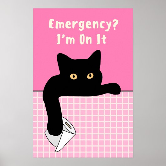 Grappige kat-badkamerposter – Noodgeval? Ik ben er Poster (Voorkant)