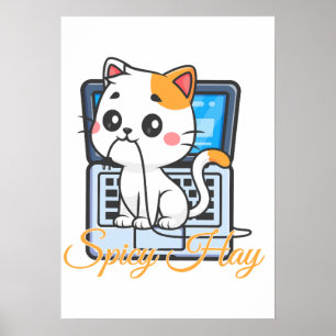 Grappige kat bijt snoer Kawaii kunst met Spicy Hay Poster