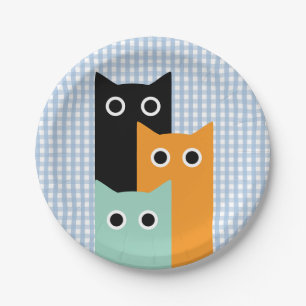 Grappige Kat, Blauwe Gingham Papieren Bordje