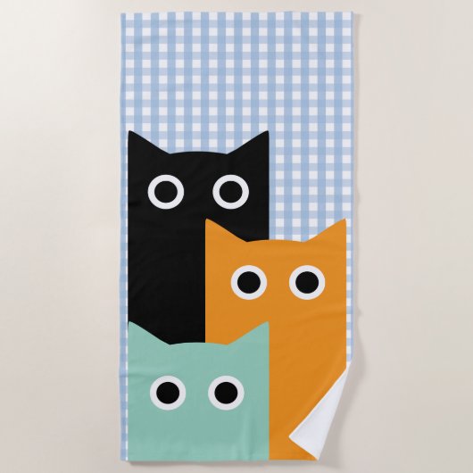 Grappige Kat, Blauwe Gingham Strandlaken (Voorkant)