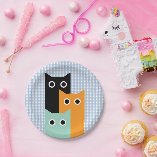 Grappige kat, Blue Gingham Papieren Bordje (Feest)