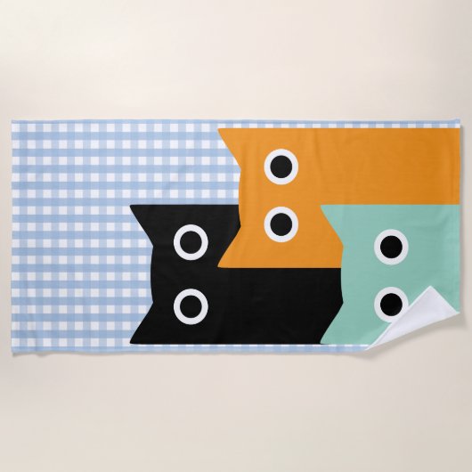 Grappige kat, Blue Gingham Strandlaken (Voorkant)