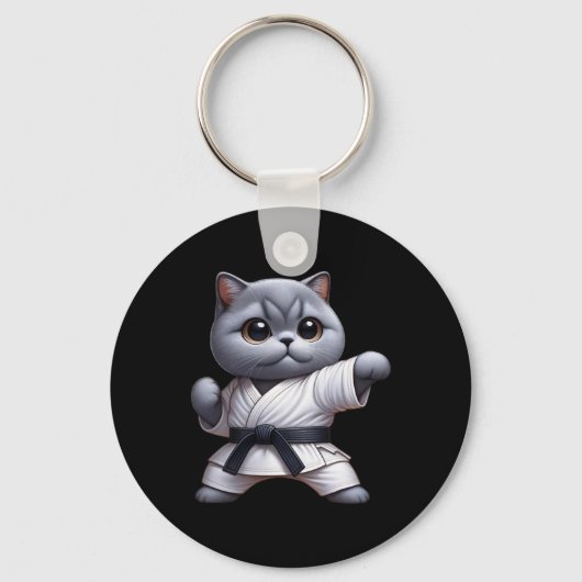 Grappige kat Britse Korthaar Dragen Karate Gi Blac Sleutelhanger (Voorkant)