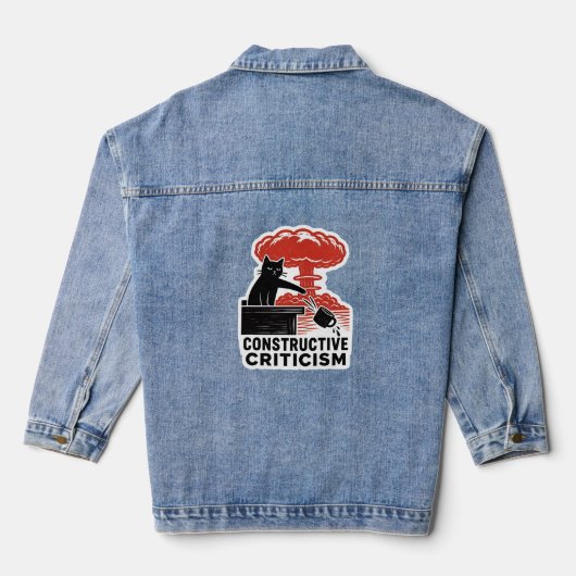 Grappige kat constructieve kritiek linocut meme denim jacket (Achterkant)