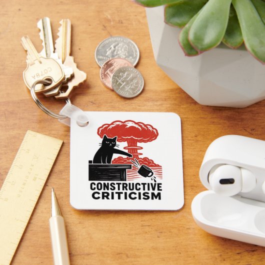 Grappige kat constructieve kritiek Linocut Meme Sleutelhanger (Bureau)