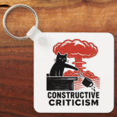 Grappige kat constructieve kritiek Linocut Meme Sleutelhanger (Voorkant)