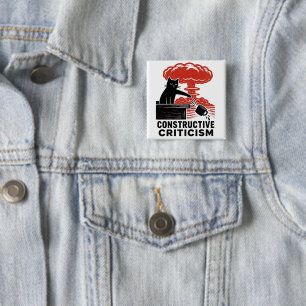 Grappige kat constructieve kritiek Linocut Meme Vierkante Button 5,1 Cm