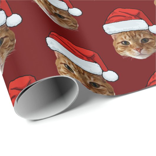 Grappige Kat Custom Gezicht Foto Santa Hat Kerstmi Cadeaupapier (Rol Hoek)