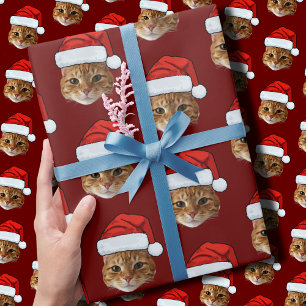 Grappige Kat Custom Gezicht Foto Santa Hat Kerstmi Cadeaupapier