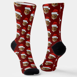 Grappige Kat Custom Gezicht Foto Santa Hat Kerstmi Sokken