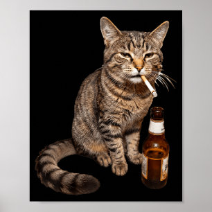 Grappige kat die bier drinkt en rookt meme stom poster