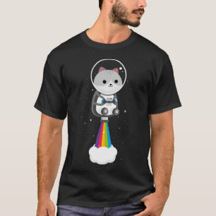 Grappige kat die door de ruimte vliegt met regenbo t-shirt