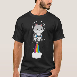 Grappige kat die door de ruimte vliegt met regenbo t-shirt