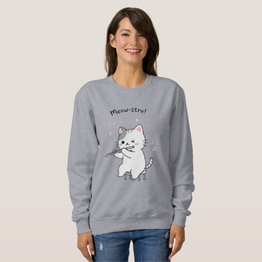Grappige kat die fluit speelt Damesmode Trui (Voorkant volledig)
