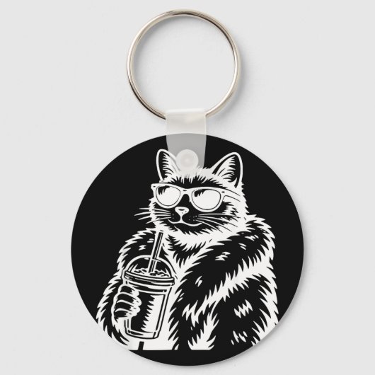 Grappige kat die ijs-koffie drink dier meme sleutelhanger (Voorkant)