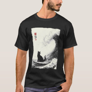 Grappige kat die op de grote golf surft Japanse Uk T-shirt