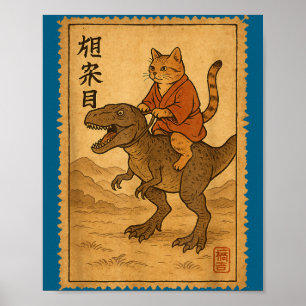 Grappige kat die op dinosaurus rijdt Japanse ninja Poster