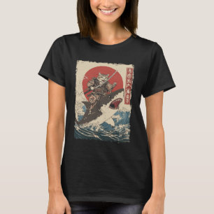 Grappige kat die op haai rijdt Japanse Ukiyo-e kun T-shirt