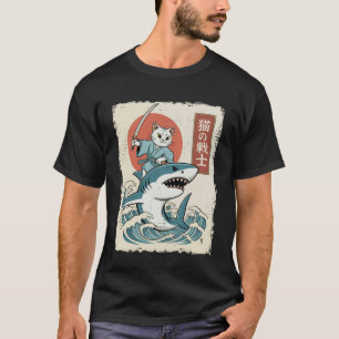 Grappige Kat die op Haai Rijdt Japanse Ukiyo-e Kun T-shirt