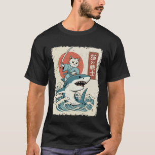 Grappige Kat die op Haai Rijdt Japanse Ukiyo-e Kun T-shirt