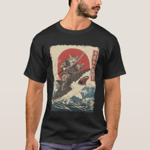 Grappige Kat die op Haai Rijdt Japanse Ukiyo-e Kun T-shirt