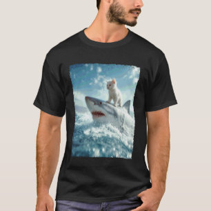 Grappige Kat Die Op Haai Rijdt T-shirt