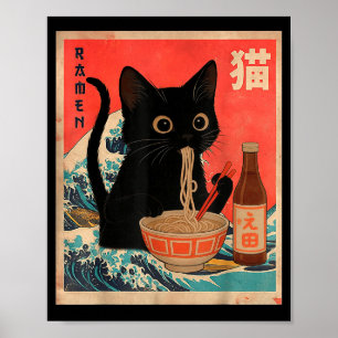 Grappige kat die Ramen eet Vintage Japanse kat vad Poster