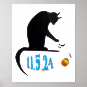 Grappige kat die Sinaasappel van tafel veegt op ve Poster