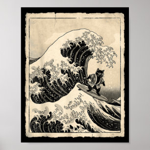 Grappige kat die surft Japanse kunst kitten anime Poster