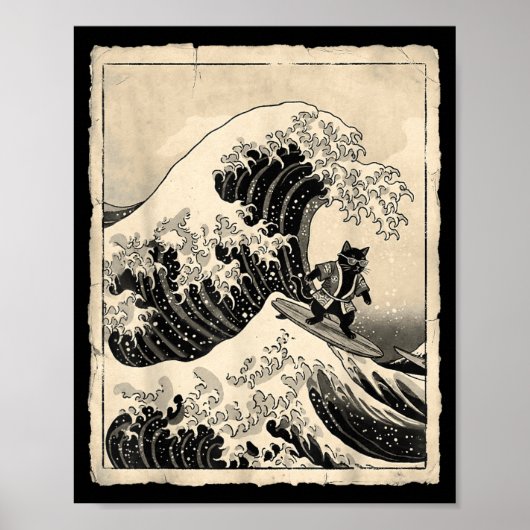 Grappige kat die surft Japanse kunst kitten anime Poster (Voorkant)