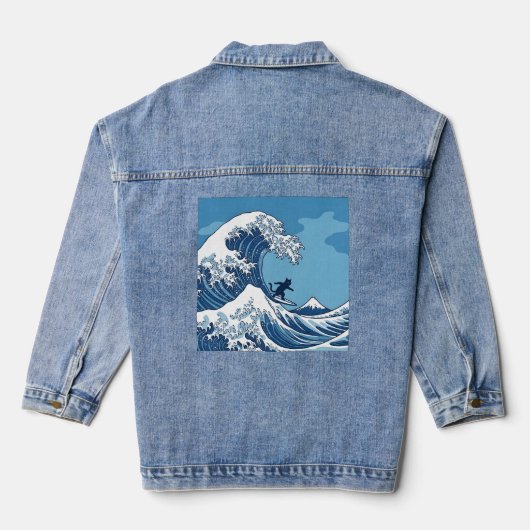 Grappige kat die surft op de Grote Golf van Kanaga Denim Jacket (Achterkant)