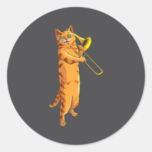Grappige Kat die Trombone Speelt Cadeau Coole Kitt Ronde Sticker