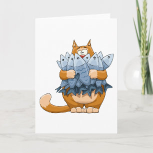 Grappige Kat die Vis Vasthoudt Cartoon Hongerige K Kaart