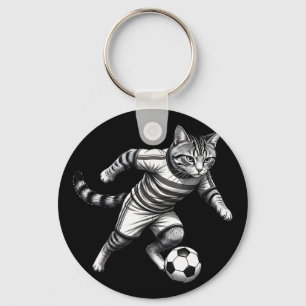 Grappige kat die voetbal speelt voor spelers en ka sleutelhanger