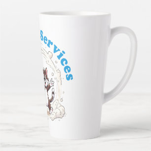 Grappige kat die zich wast met een kleurrijke veer latte mok