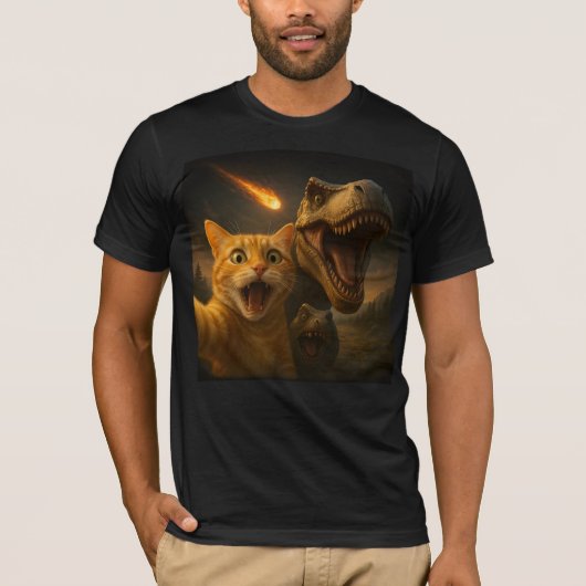 Grappige kat Dino Selfie Meteor Meme Surreal Apoca T-shirt (Voorkant)